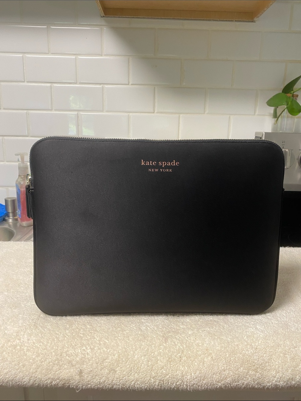 kate spade Black Leather Laptop Case with Subtle Gold Logo